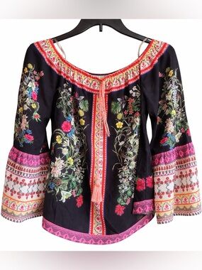 Umgee Black Off-Shoulder Tunic with Multicolor Floral Embroidery